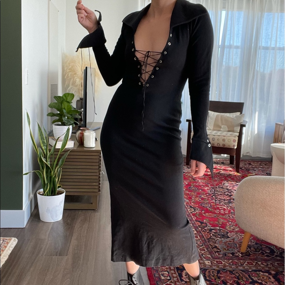 Vintage Black Collared Midi Dress Lace Up Detail Bell Sleeves Exaggerated Collar